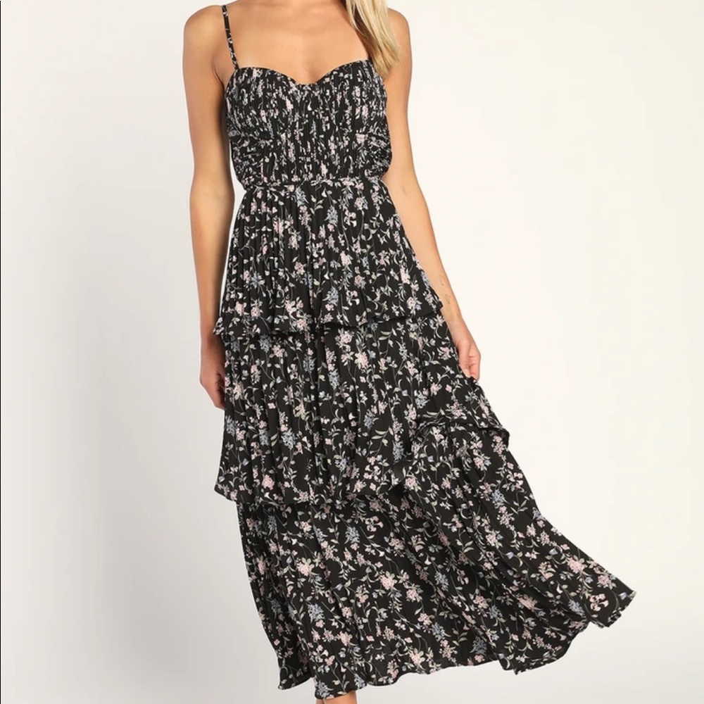 Lulu’s Cascading Crush Black Floral Print Tiered Bustier Midi Dress